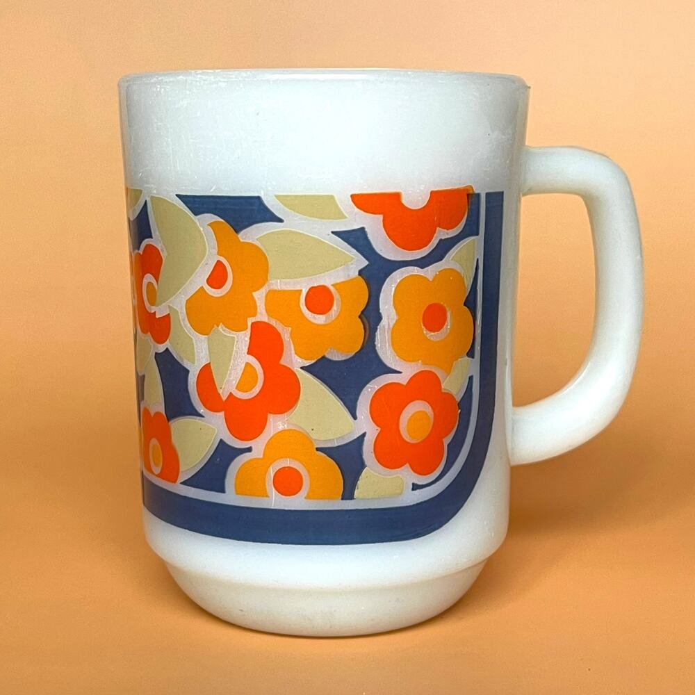 Vintage Fire King Anchor Hocking Floral Milk Glass Mug Orange Blue MCM 1960s